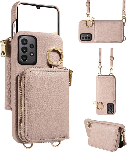 Furiet Wallet Case for Samsung Galaxy A33 5G, Luxury PU Leather Zipper Flip Organ Purse with Shoulder Strap, Khaki