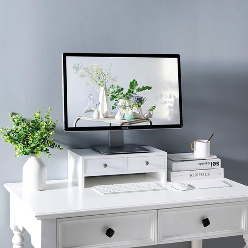 WELLAND Monitor Stand Riser with Drawers, Desktop Organizer for Laptop, PC, Office Supplies, White