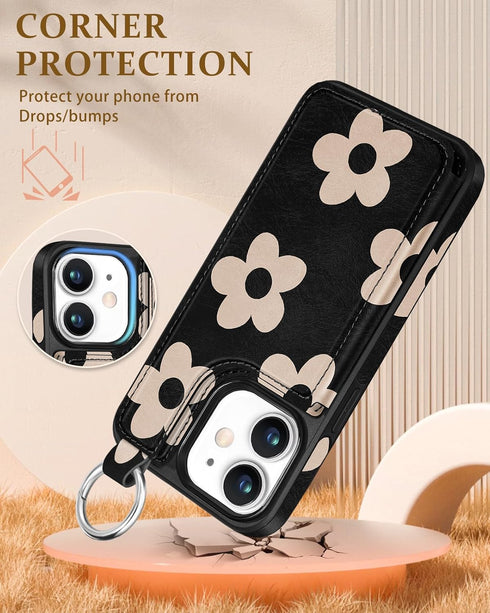Shorogyt Wallet Case for iPhone 12, Designer Black Flower Pattern Kickstand Magnetic Clasp Back Flip Folio Leather Case