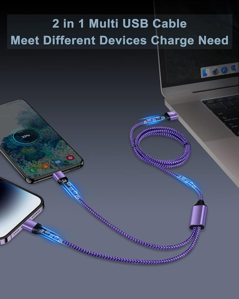 Multi Charger Cable with Lightning & USB C Port, 2 in 1 Nylon Braided Fast Charging Cord for Apple/Android