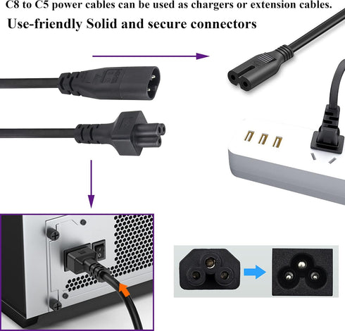 AAOTOKK (2 Pack) 320 C8 C5 Cable,7.5A 125V 8 3Pole etc(33Cm/1ft)(C5 C8) IEC to AC Adapter Figure Male to Mickey Mouse