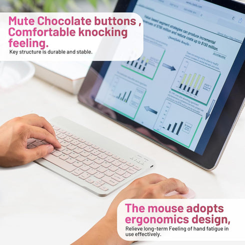 Bluetooth Keyboard and Mouse Combo - Rechargeable Wireless Set for Apple iPad, iPhone, Samsung Tablet, Pink