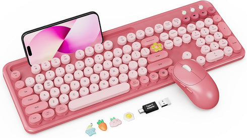 Trueque Wireless Keyboard and Mouse Combo, Cute Full-Size Typewriter-Style Keyboard, Retro Round Keycaps,