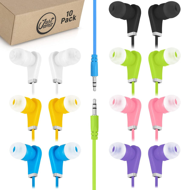 Bulk Earbuds Bits, 10 Pack Colorful in-Ear Earbuds, 3.5mm Stereo Earphones for Schools, Kids, Classrooms & Libraries