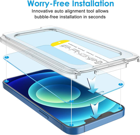 JETech One Touch Install Screen Protector for iPhone 12/12 Pro 6.1-Inch, Full Coverage Tempered Glass Film, Auto Alignment Tool Kit, HD Clear, 2-Pack
