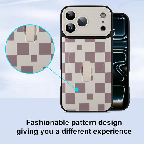 LEOMAKRON 17 for iPhone Pro Max Case with Finger Strap Kickstand,Compatible with MagSafe,Cute Checkered Checkerboard