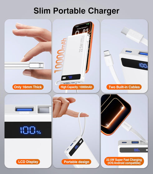 TEMINICE 2 10000mAh, 22.5W Pack, 17 16 15 Power Bank with Built-in Cables PD Slim Portable Charger USB C Battery Travel