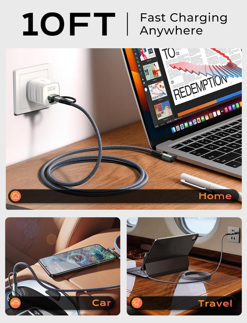 AINOPE 10FT USB C Cable 100W for iPhone 15, Fast Charging, Right Angle QC5.0, MacBook, iPad, Samsung S24.
