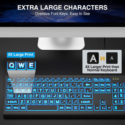 SABLUTE Large Print Backlit Keyboard, Wired USB Lighted Computer Keyboard with 7-Color Backlit for PC, Laptop