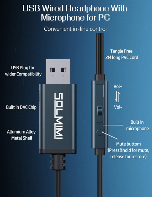 USB Headset with Microphone for PC, 2M USB Earbuds for Laptop, PS4/PS5, Volume Control & Mute, Ideal for Home & Office.