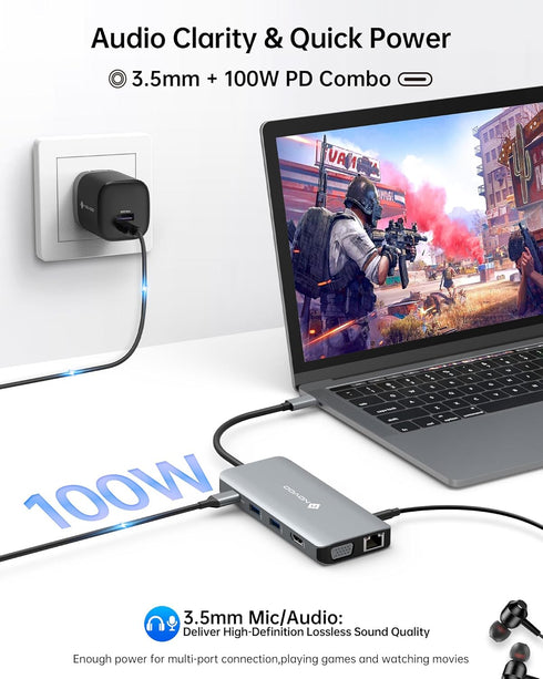 NOVOO USB C Hub, 11-in-1 Docking Station with 4K HDMI, VGA, Gigabit Ethernet, 100W PD, for Type-C Devices