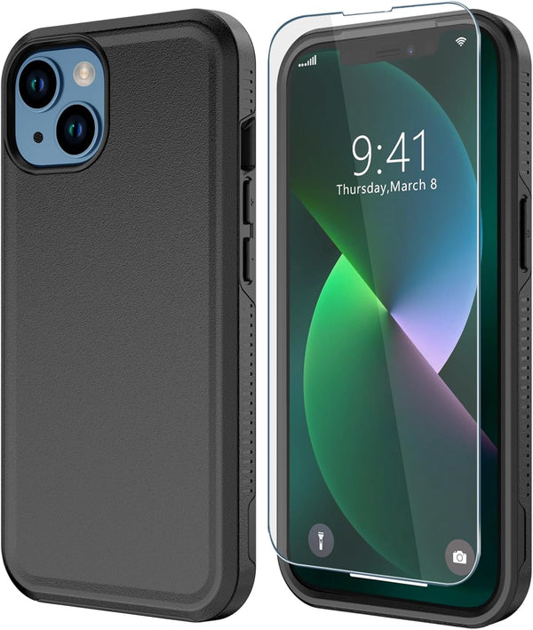 Diverbox Heavy Duty Protection Case for iPhone 13, Black-2in1, Shockproof with Tempered Glass Screen Protector