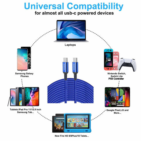 15ft Braided USB-C to USB-C Cable, 60W Fast Charging PD for iPhone 15/15 Pro, iPad Pro, Galaxy S23/S22, Pixel 6 Pro,