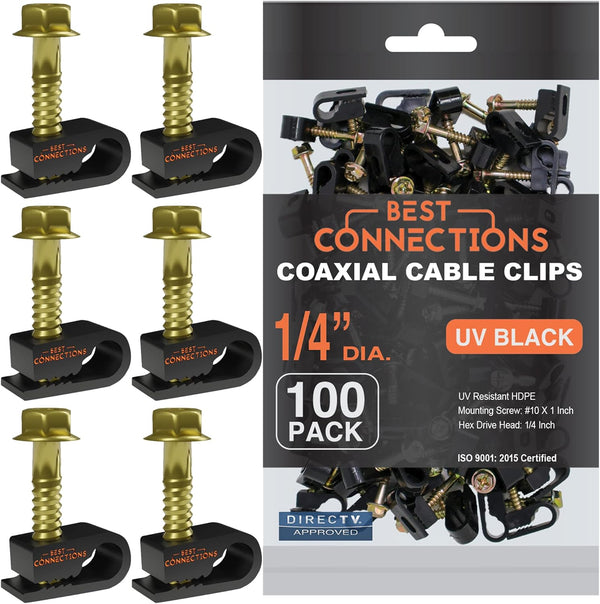 100 Pack Coaxial Cable Clips with Pre-Inserted Screw, Black Mounting Clamps for Coax and Ethernet Cable