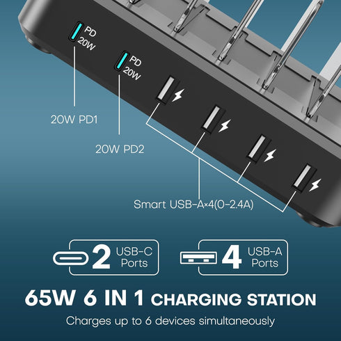 Charging Station for Multiple Devices - 65W 6 Port USB C Charger with 2 20W PD Ports, Short Cables Included