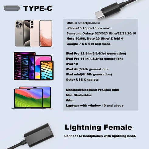 USB C Male to Lightning Female Adapter, USB C to Lightning Headphone Converter for Audio Compatible with iPhone 15 Series, iPad Pro, MacBook Pro and Others, Also Support Charge and Data.