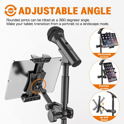 Tablet Holder for Microphone Stand, Mic Music Stand Tablet Holder for iPad, Smartphone, Fits Devices from 4.7 to 12.9