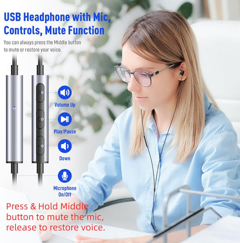 USB Headphone for PC Laptop Wired Earbuds, Computer Headset with Microphone Volume Control Mute Button, Lightweight