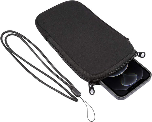 Neoprene Small Cell Phone Sleeve, Zip Wallet Pouch with Neck Strap for iPhone 16, 15, 14 Pro, 13, 12 Pro, 11 Pro (Black)