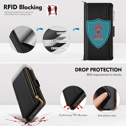 Antsturdy Wallet Case for iPhone 15 Pro Max, RFID Blocking PU Leather Crossbody Phone Case with Zipper Wrist Strap,