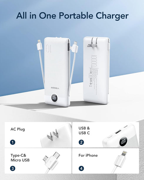 VEGER Portable Charger 10000mAh, Built-in Cables & Wall Plug, Slim Fast Charging Power Bank for iPhone & More - White