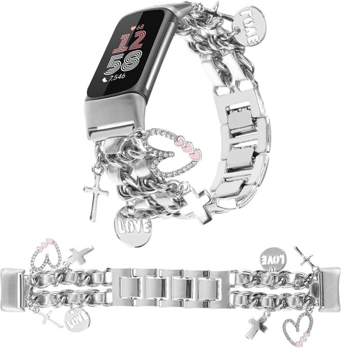 Stylish Metal Wristband for Fitbit Charge 6/5, Cute Strap with Love Cross Pendants, Chain Charms Bracelet