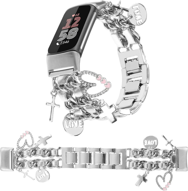 Stylish Metal Wristband for Fitbit Charge 6/5, Cute Strap with Love Cross Pendants, Chain Charms Bracelet