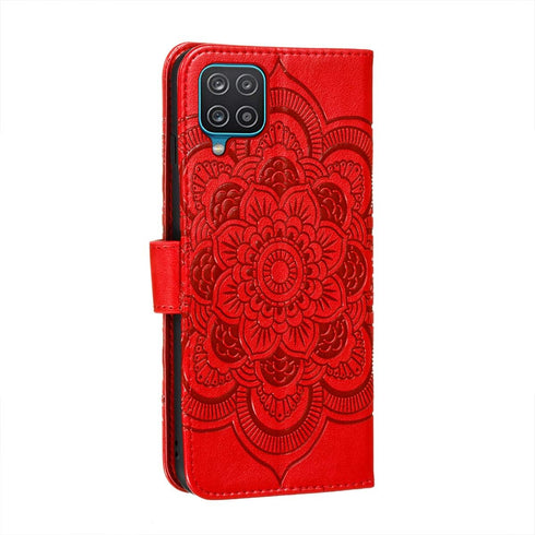 for Samsung Galaxy A12 Case - Flip Premium Wallet Phone Case, PU Leather Mandala Embossed Cover, Red LD