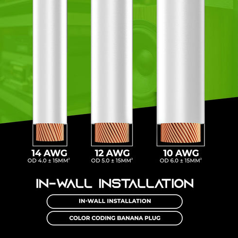 GearIT 10AWG Speaker Cable Wire, Gold-Plated Banana Tip Plugs, 3 Feet, In-Wall CL2 Rated, Heavy Duty Braided, White