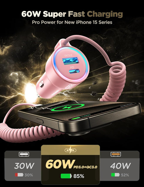 60W USB C Car Charger, Fast Charge PD&QC3.0 with 30W Type C 5ft Coiled Cable for iPhone 15 Pro Max, Samsung S24