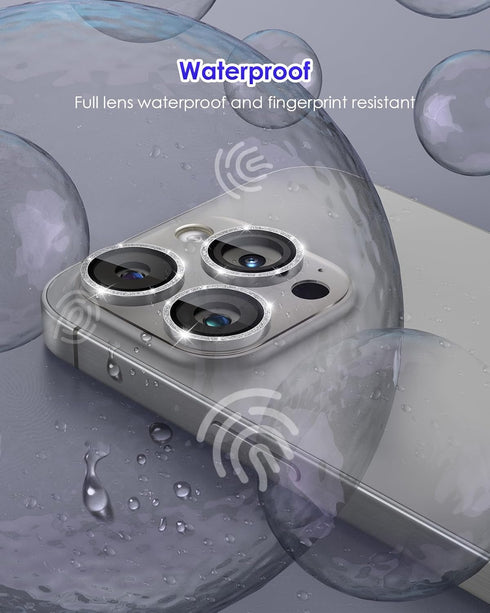 iPhone 15 Pro/iPhone 15 Pro Max Glitter Camera Lens Protector - Clear Acrylic with Aluminium Alloy Ring, 9H Tempered