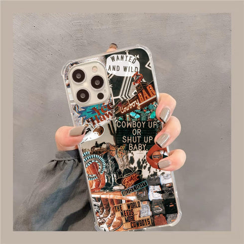 Western Cowgirl Cowboy Collage Case for iPhone 12 Pro Max, Cowboy Cowgirl Howdy Western Ranch Boho Southwestern Retro Case for iPhone 12 Pro Max, Unique Trendy Design TPU Bumper Cover Case