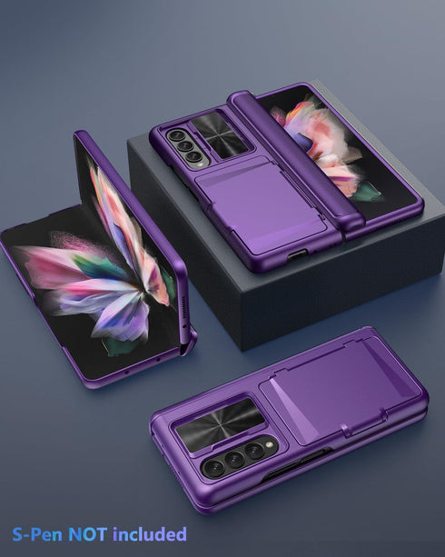 Viaotaily Dark Purple Case for Samsung Galaxy Z Fold 3 with Card Holder & Slide Camera Cover, Built-in Screen Protector