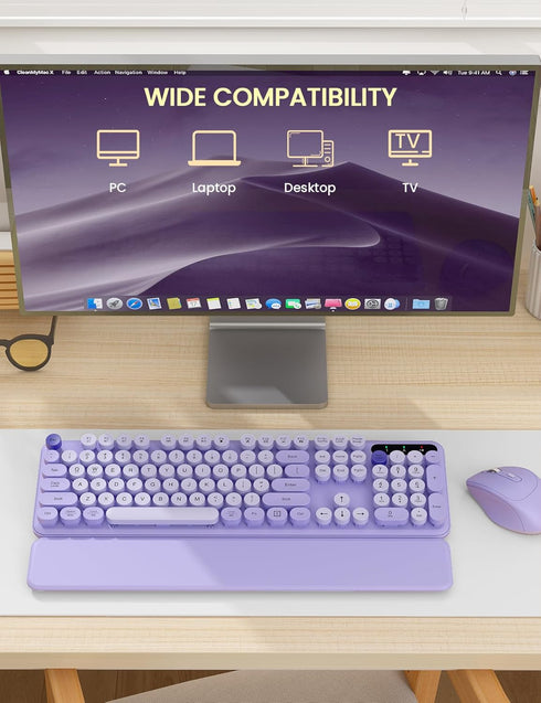 Wireless Keyboard and Mouse Combo, Cute Typewriter Keyboard with Detachable Wrist Rest, Retro Round Keycaps, 2.4GHz for