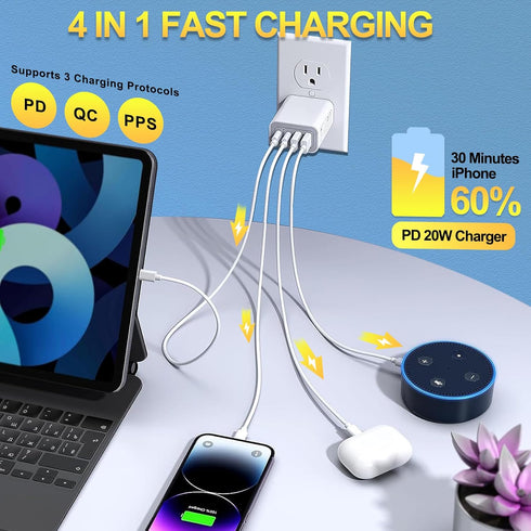 Dual USB C Charger 55W Block, CARZONJX 4 Port Type C Fast Charging Block, QC+PD Power Adapter Wall Charger for iPhone