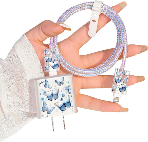 Cute Cable Protector for iPhone Apple Charger, Clear Pretty Butterfly Design, Data Cable USB Case Cord Saver for iPhone