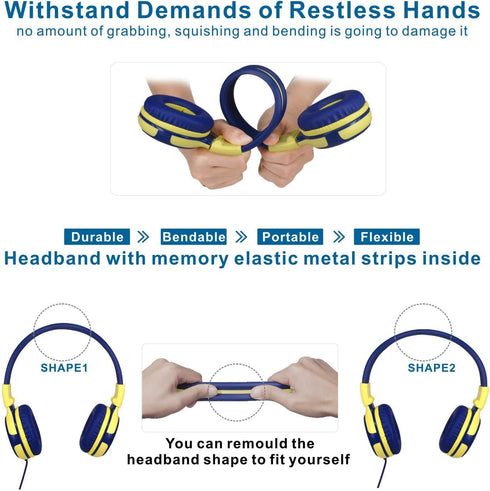 SIMOLIO On-Ear Kids Headphones, Foldable & Durable, 75dB-94dB Volume Limit, Microphone, AUX Jack, Yellow.