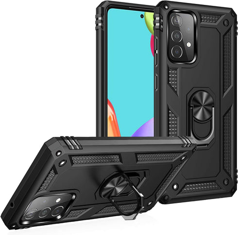 Military Grade Drop Impact Case for Samsung Galaxy A52 5G, 360 Metal Rotating Ring Kickstand Holder Armor Cover (Black)