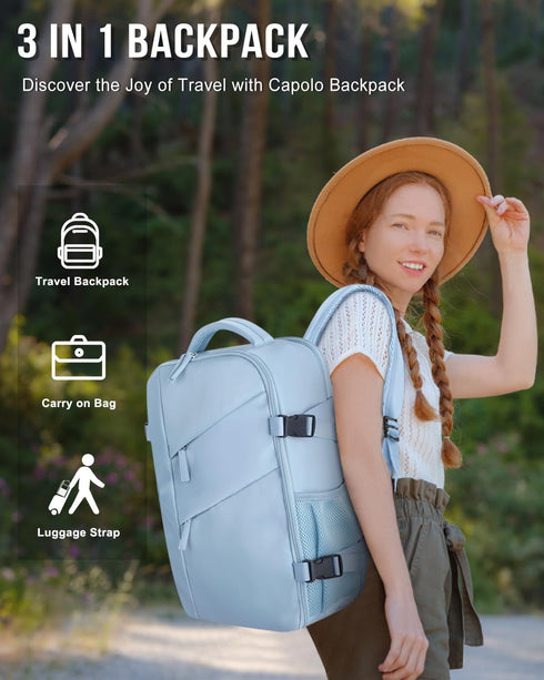 Waterproof Travel Backpack for Women Men, Flight Approved Carry On Overnight Bag for 17'' Laptop, Light Blue