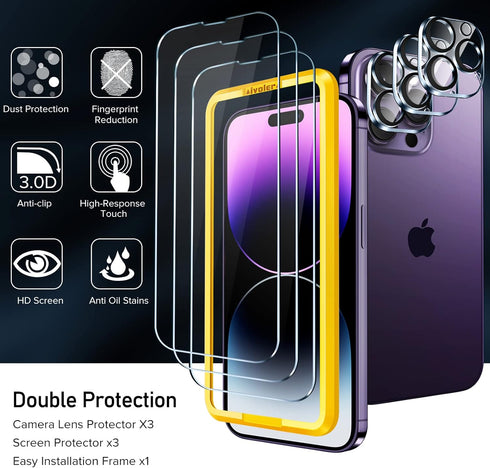 iVolver 3+3 Pack Tempered Glass Screen Protector for iPhone 14 Pro Max 6.7'' + Camera Lens Protectors & Alignment Frame.