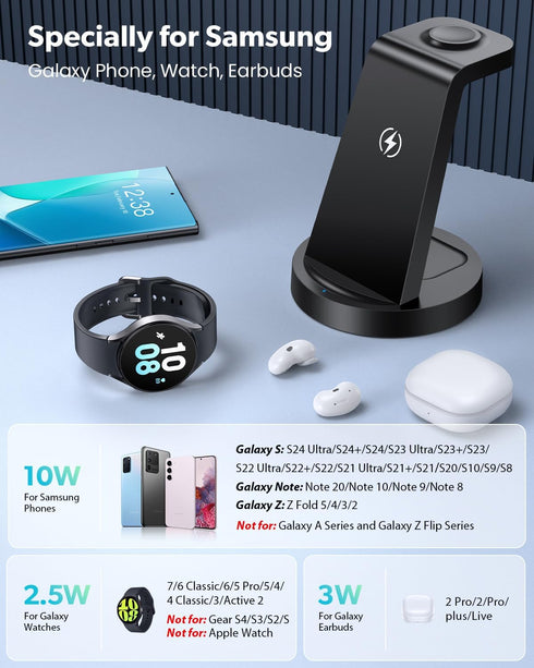 Wireless Charger for Samsung - 3 in 1 Charging Station for Galaxy Watch 7 6 5 4 3 Pro Classic, Galaxy Buds, S24 Ultra