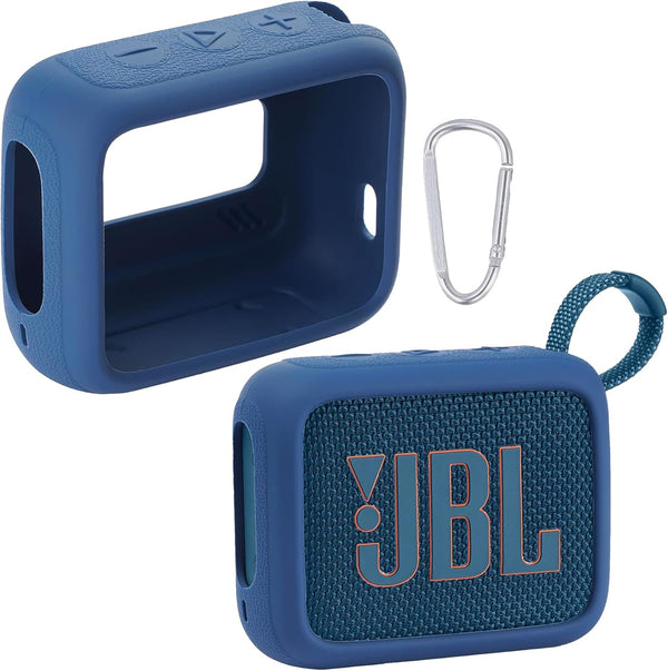for JBL Go 4 Waterproof Bluetooth Speaker, Silicone Cover Case with Carabiner, Portable Protective Skin Case, Blue