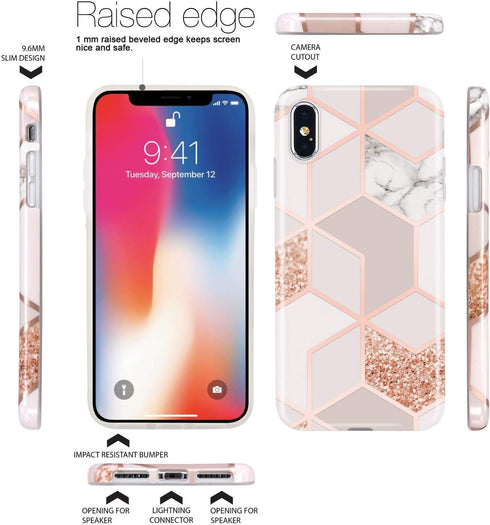 JAHOLAN Compatible iPhone X Case - Stylish Shiny Rose Gold Marble Design Clear Bumper Soft Rubber Cover