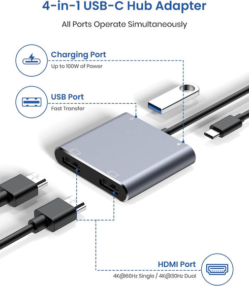 BAOZEE 4K@60Hz 100W 3 USB C to Dual HDMI Adapter, HDMI Splitter for Dual Monitors Extended Display, PD Charging, USB-A
