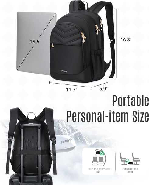 LIGHT FLIGHT Travel Backpack for Women, 15.6" Laptop Backpack, Water Resistant, Large Capacity, Black