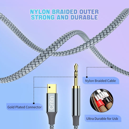 Braided USB C to 3.5mm Audio Cable, Type C Adapter for Samsung Galaxy S21, iPad Pro, Huawei & more.