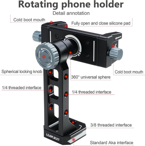 LEAPLIEXT 360 1/4" 3/8" 16/15/14/13, Metal Phone Holder for Tripod - Rotation with Arca Swiss Quick Release, & Thread