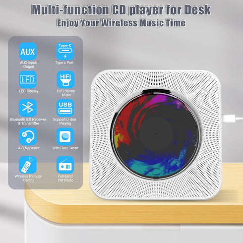 Fohil CD Player with Bluetooth 5.0, Portable Desktop Music Player for Home, Built-in Double HiFi Sound Speakers, FM