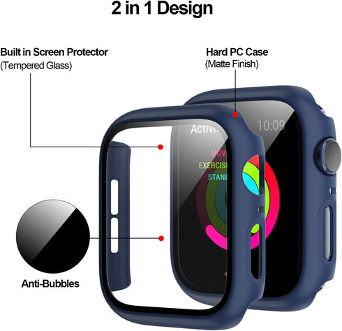 BHARVEST 2 Pack Hard PC Case for Apple Watch Series 9/8/7 45mm, with Tempered Glass Screen Protector, (Black+Blue)