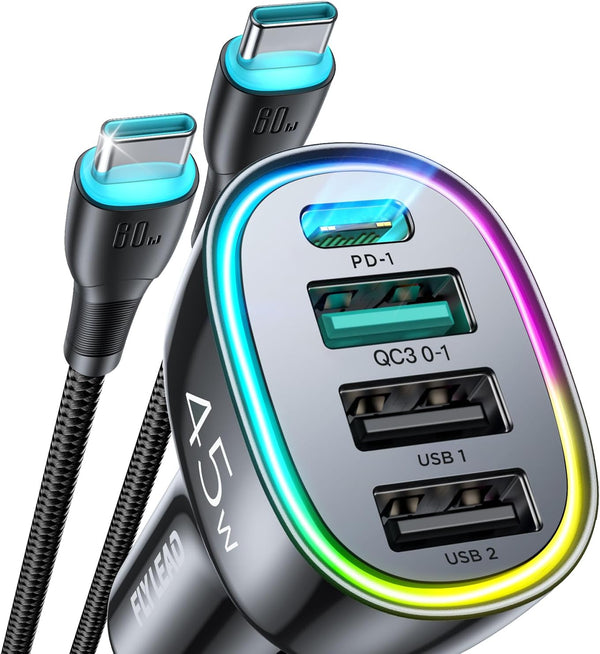 USB C Car Charger 45W 4 Ports Fast PD3.0 & QC3.0 Car Charger Adapter with USB C to C Charging Cable